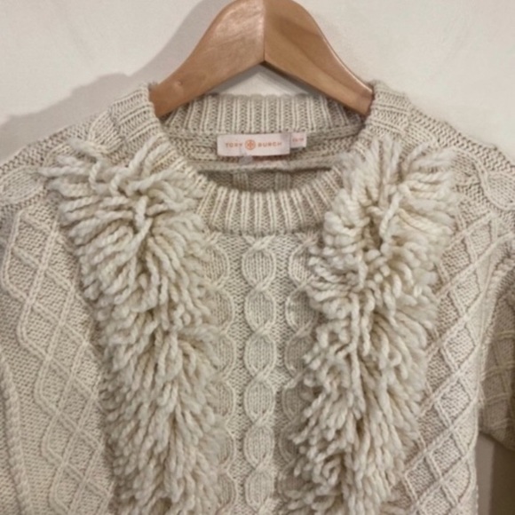 Tory Burch Fringe Pom Pom Crewneck Sweater Size XS Cream - Picture 4 of 14